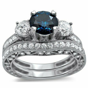 5Ct Round Cut Blue Sapphire Diamond Vintage Bridal Set Ring 14K White Gold Over