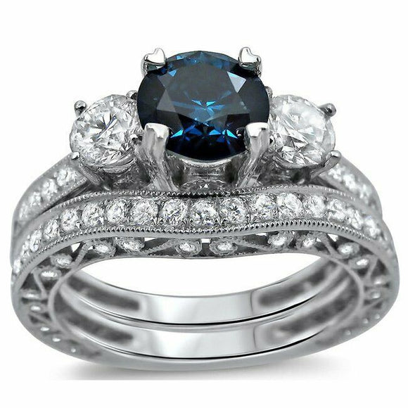 5Ct Round Cut Blue Sapphire Diamond Vintage Bridal Set Ring 14K White Gold Over