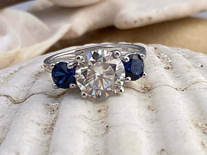 2ct Engagement Ring Round Cut Diamond Blue Sapphire Trilogy 14k WhiteGold Finish