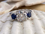 2ct Engagement Ring Round Cut Diamond Blue Sapphire Trilogy 14k WhiteGold Finish