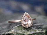 1ct Pear Cut Peach Morganite Engagement Ring 14k Rose Gold Finish Halo Solitaire