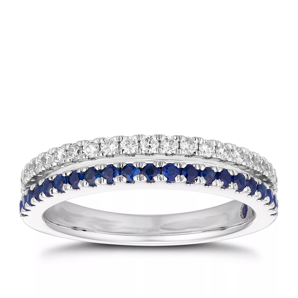 1Ct Round Cut Blue Sapphire Diamond Dual Row Wedding Band 14K White Gold Finish