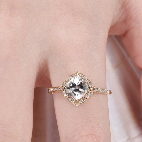 Vintage Floral Engagement Ring 1.6ct Cushion Cut Diamond 14k Yellow Gold Finish