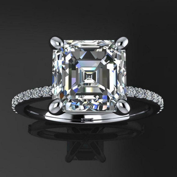 Solitaire with Accents Engagement Ring 3.2ct Asscher Diamond 14k White Gold Over