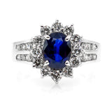 4Ct Oval Blue Sapphire Diamond Halo Floral Engagement Ring 14K White Gold Finish