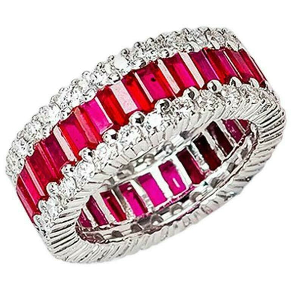 6Ct Emerald Cut Pink Ruby Diamond Full Eternity Wedding Band 14K White Gold Over