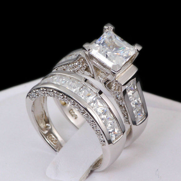 5Ct Princess Cut Diamond Bridal Set Solitaire Ring Band 14K White Gold Finish