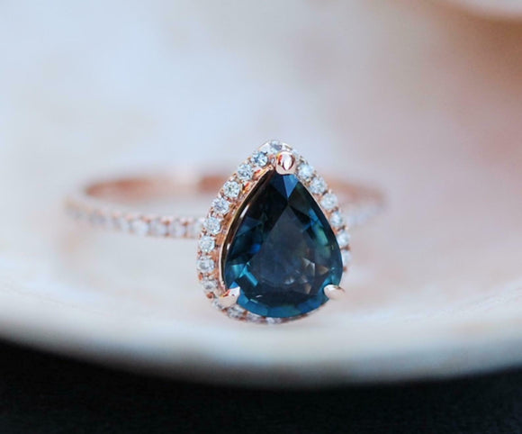 2ct Engagement Ring Pear Cut Blue Sapphire Round Accent Halo 14k RoseGold Finish