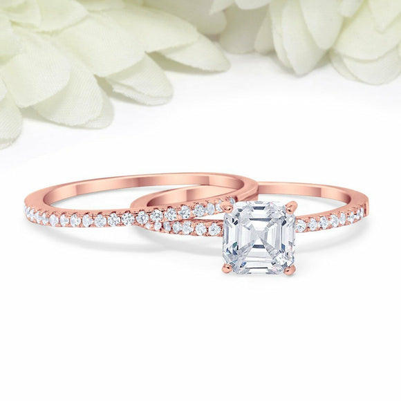 3Ct Asscher Cut Diamond Elegant Bridal Set Engagement Ring 14K Rose Gold Finish