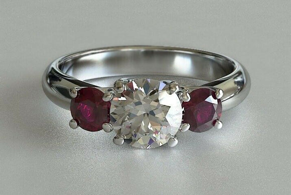 1.6ct Round Cut VVS1D Diamond Engagement Ring Ruby Accent 14k White Gold Finish