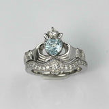 2ct Heart Blue Aquamarine Engagement Ring Claddagh Bridal Set 14k WhiteGold Over