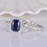 1ct Cushion Cut Blue Sapphire Bridal Set Engagement Ring 14k White Gold Finish