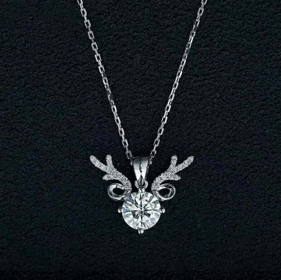 2Ct Round Cut Diamond Stag Reindeer Pendant with Chain 14K White Gold Finish