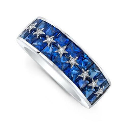 5Ct Princess Cut Blue Sapphire Diamond Star Design Band In 14K White Gold Finish