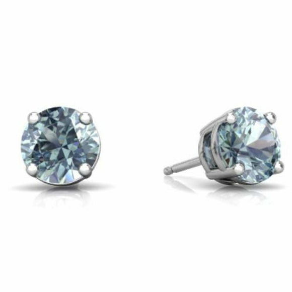 1ct Stud Earrings Round Cut Blue Aquamarine Solitaire Women 14k WhiteGold Finish