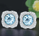 2.5ct Stud Earrings Round Cut Blue Topaz Diamond Floral 14k White Gold Finish