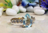 2ct Pear Cut Blue Aquamarine Round Diamond Accent Ring 14k Yellow Gold Finish