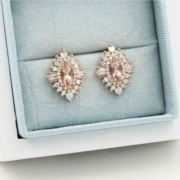 5Ct Marquise Cut Peach Morganite Diamond Vintage Stud Earring 14K Rose Gold Over