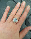 2ct Engagement Ring Princess Cut Blue Aquamarine Diamond Halo 14k WhiteGold Over