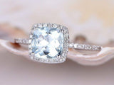 1.4ct Cushion Cut Blue Aquamarine Halo Engagement Ring 14k White Gold Finish