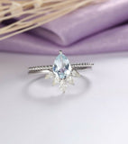 1.5ct Pear Blue Aquamarine Engagement Ring Curved Bridal Set 14k White Gold Over