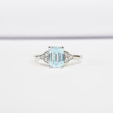 1ct Emerald Cut Blue Aquamarine Round Diamond Accents Ring 14k White Gold Finish