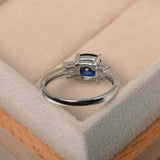 1.3ct Cushion Cut Blue Sapphire Round Accent Trilogy Ring 14k White Gold Finish