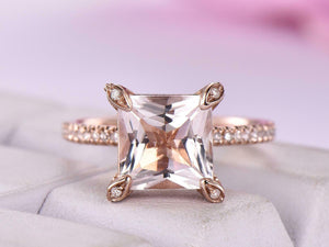 2.3ct Princess Cut Peach Morganite Hidden Halo Engagement Ring 14k RoseGold Over