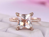 2.3ct Princess Cut Peach Morganite Hidden Halo Engagement Ring 14k RoseGold Over