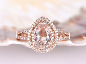 1.2ct Pear Cut Peach Morganite Double Halo Engagement Ring 14k Rose Gold Finish