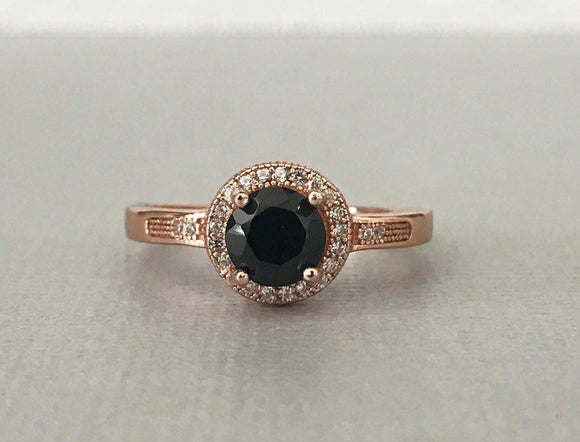 Halo Solitaire Engagement Ring 1.5ct Round Cut Black Diamond 14k RoseGold Finish