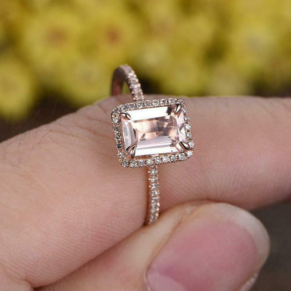 1.5ct Emerald Cut Morganite Engagement Ring Round Accent Halo 14k Rose Gold Over