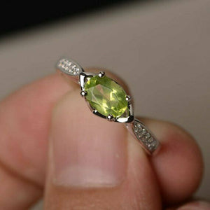 0.8ct Oval Cut Green Peridot Engagement Ring 14k WhiteGold Finish Diamond Accent