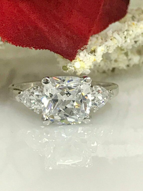 1.4ct Cushion Cut VVS1 Diamond Three Stone Engagement Ring 14k White Gold Finish