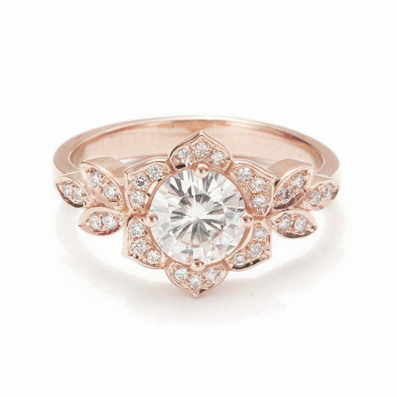 2ct Round Cut Diamond Engagement Ring Flower Leaf Inspired 14k Rose Gold Finish