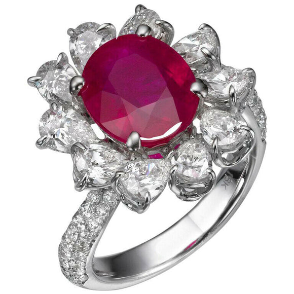 2ct Oval Cut Pink Ruby Engagement Ring Halo Cocktail Flower 14k WhiteGold Finish