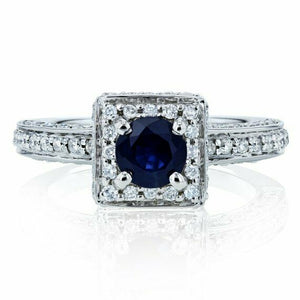 3Ct Round Blue Sapphire Square Diamond Halo Engagement Ring 14K White Gold Over