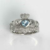 2ct Heart Cut Blue Topaz Engagement Ring Claddagh Bridal Set 14k White Gold Over