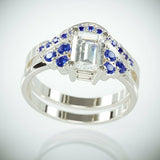 3Ct Emerald Cut Diamond Blue Sapphire Accent Band Bridal Set 14K White Gold Over