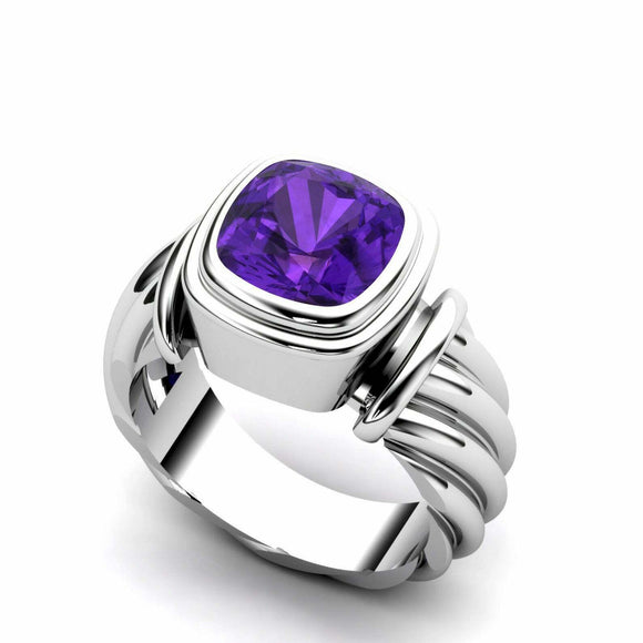 3ct Cushion Cut Amethyst Twist Shank Solitaire Men Ring 14k White Gold Finish