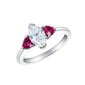 2Ct Marquise Cut Diamond Heart Cut Ruby Accent Trilogy Ring 14K White Gold Over