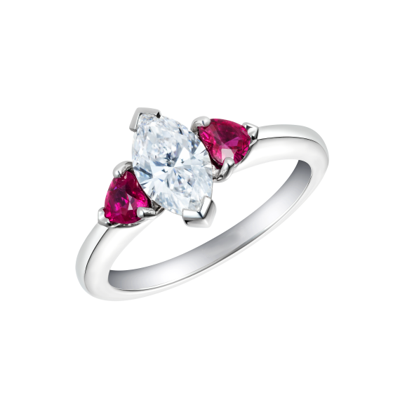 2Ct Marquise Cut Diamond Heart Cut Ruby Accent Trilogy Ring 14K White Gold Over