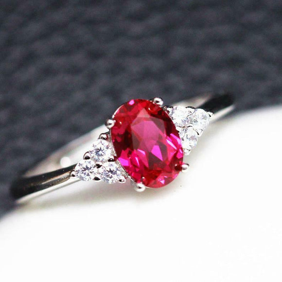 2ct Oval Cut Ruby Diamond Petite Round Accents Solitaire Ring 14k WhiteGold Over