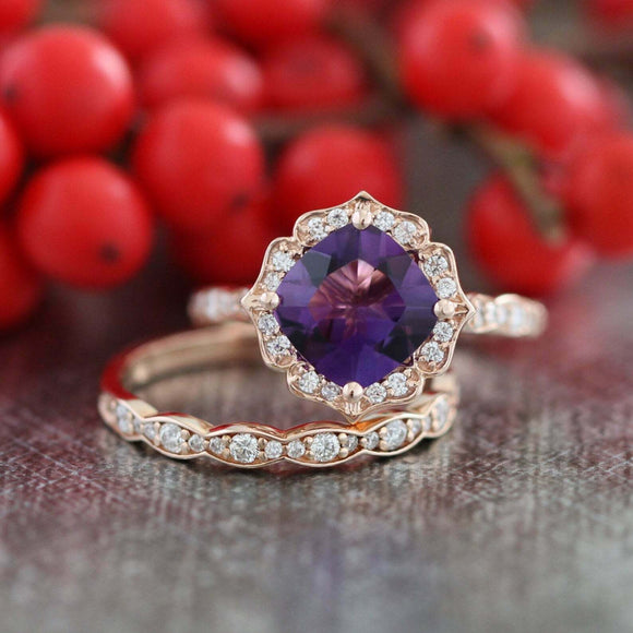 2.4ct Cushion Purple Amethyst Vintage Floral Bridal Set Ring 14k RoseGold Finish