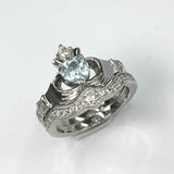 2ct Heart Blue Aquamarine Engagement Ring Claddagh Bridal Set 14k WhiteGold Over