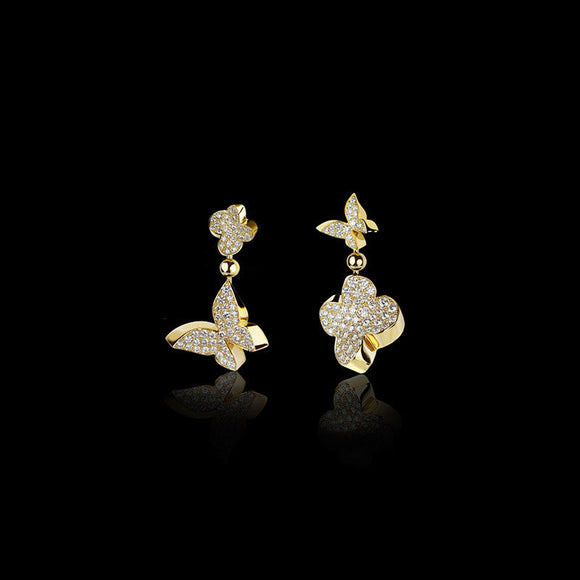 2ct Round Cut Diamond Dual Butterfly Party Drop Earrings 14k Yellow Gold Finish