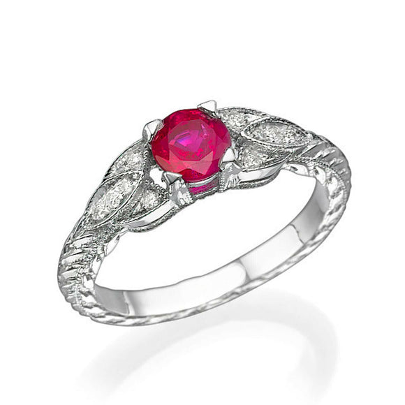 1.5ct Round Cut Ruby Vintage Inspired Solitaire Accent Ring 14k WhiteGold Finish