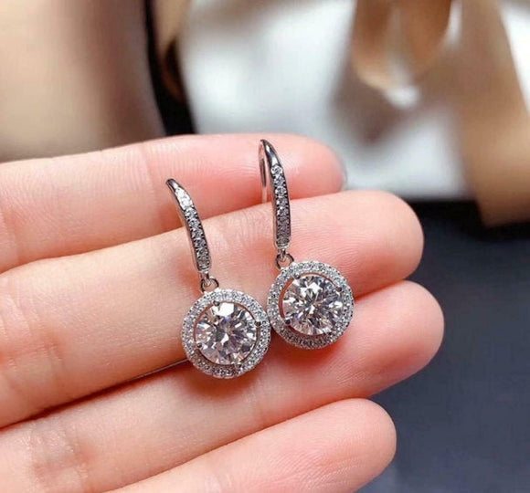 2.2ct Dangle Earrings Round Cut Diamond Halo Design 14k White Gold Finish