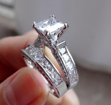 4Ct Princess Cut Diamond Bridal Set Iced Engagement Ring 14K White Gold Finish