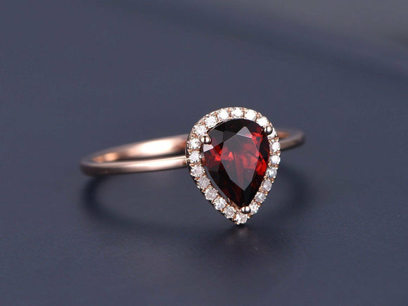 0.5ct Pear Cut Red Garnet Halo Solitaire Engagement Ring 14k Rose Gold Finish